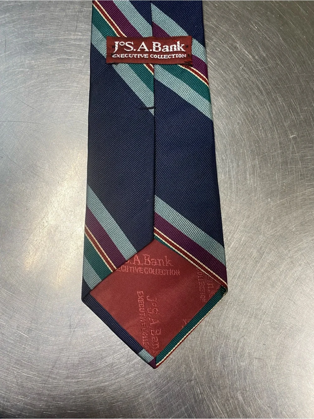 Navy Striped Men's Silk Tie with Green and Burgundy Bands